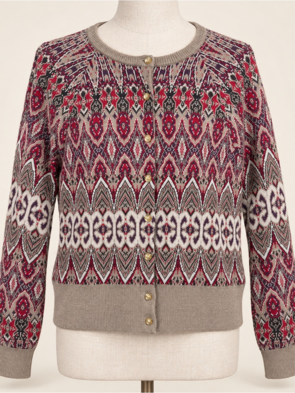 George Mark Eisen Angora Metallic Gold Fair Isle Cardigan L